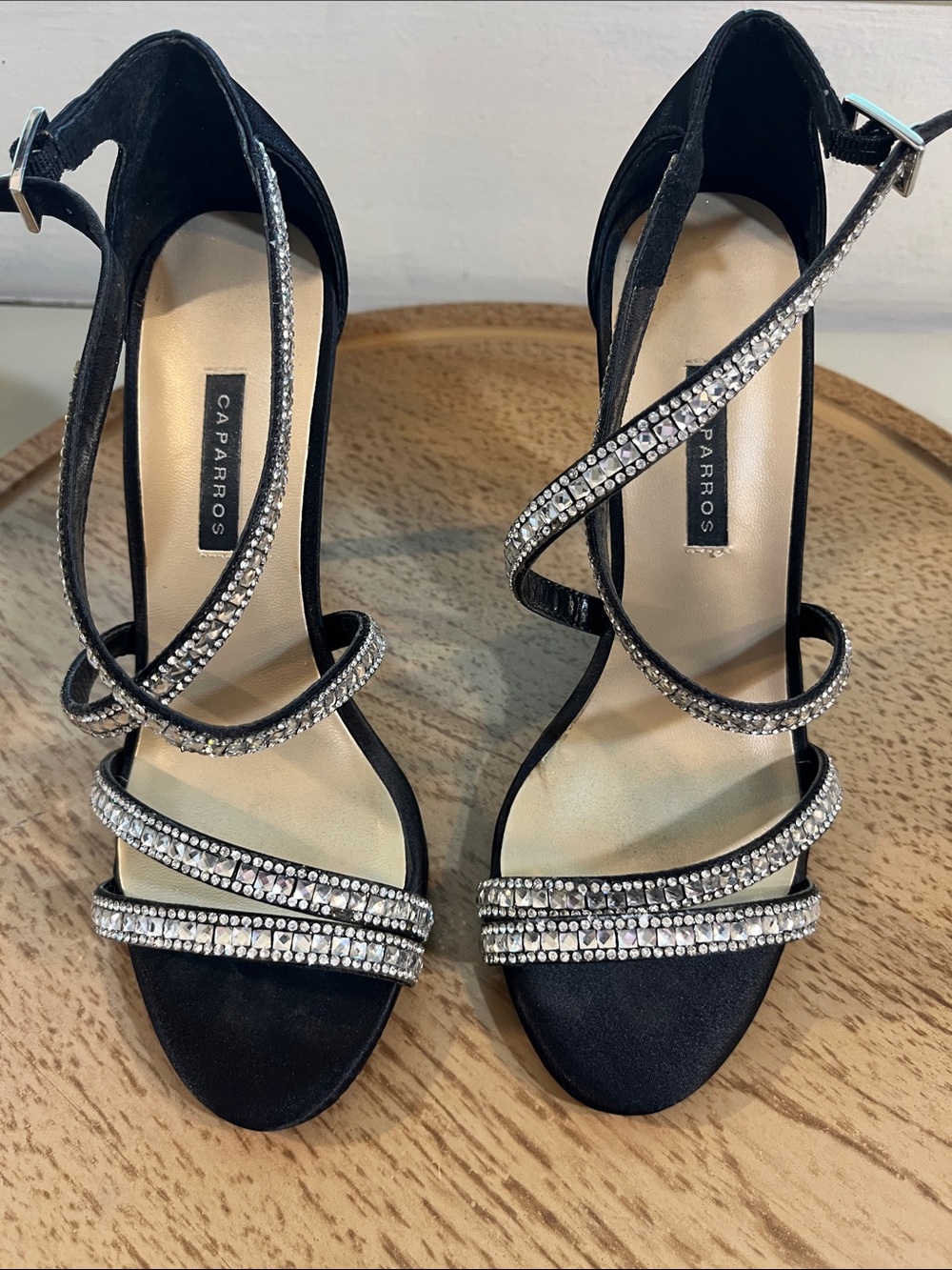 Caparros Black Rhinestone Wrap-Strap Heels